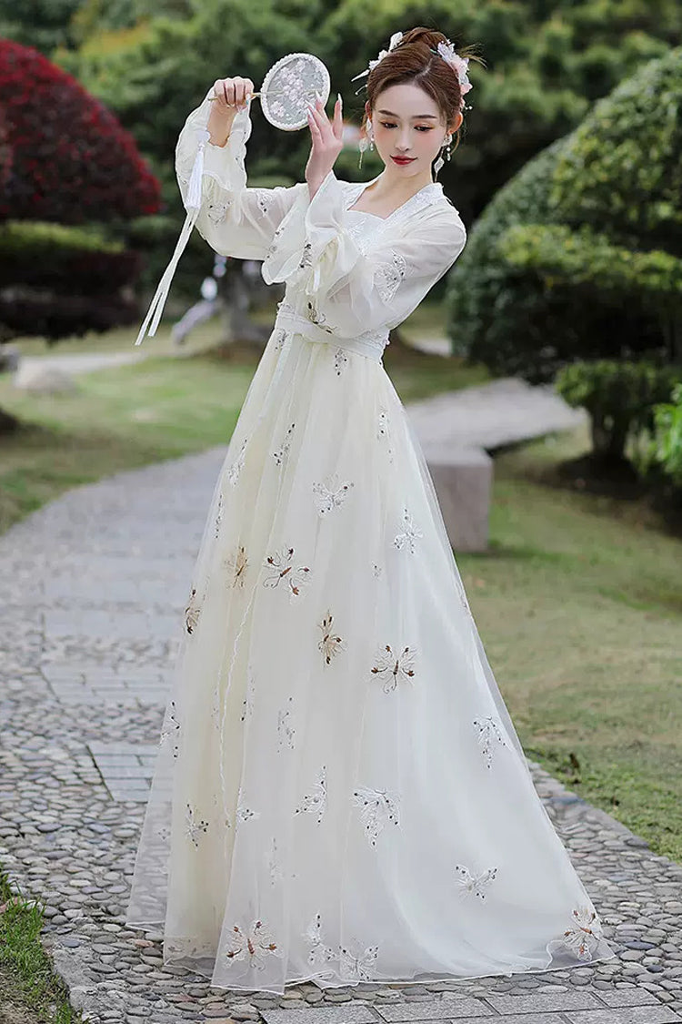 White Long Sleeves Butterfly Embroidery Women's Gorgeous Hanfu Dress - Product - 2