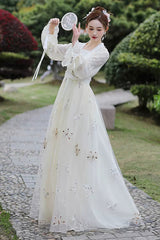 White Long Sleeves Butterfly Embroidery Women's Gorgeous Hanfu Dress - Product - 2