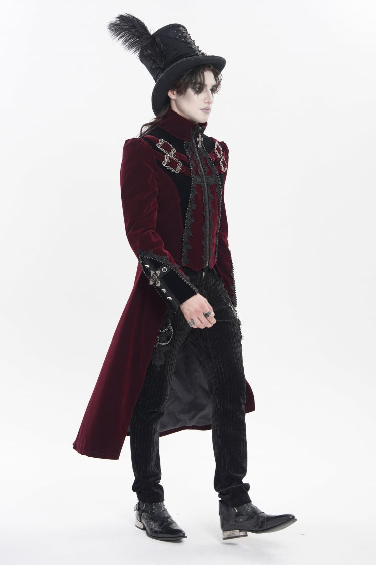 Red Stand Collar Long Sleeves Embroidered Color-Blocked Buckled Zippered Men's Gothic Palace Jacket - Product - 7