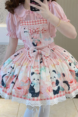 Panda Peach Print Bowknot Sweet Lolita Strap Dress 3 Colors - Product - 2