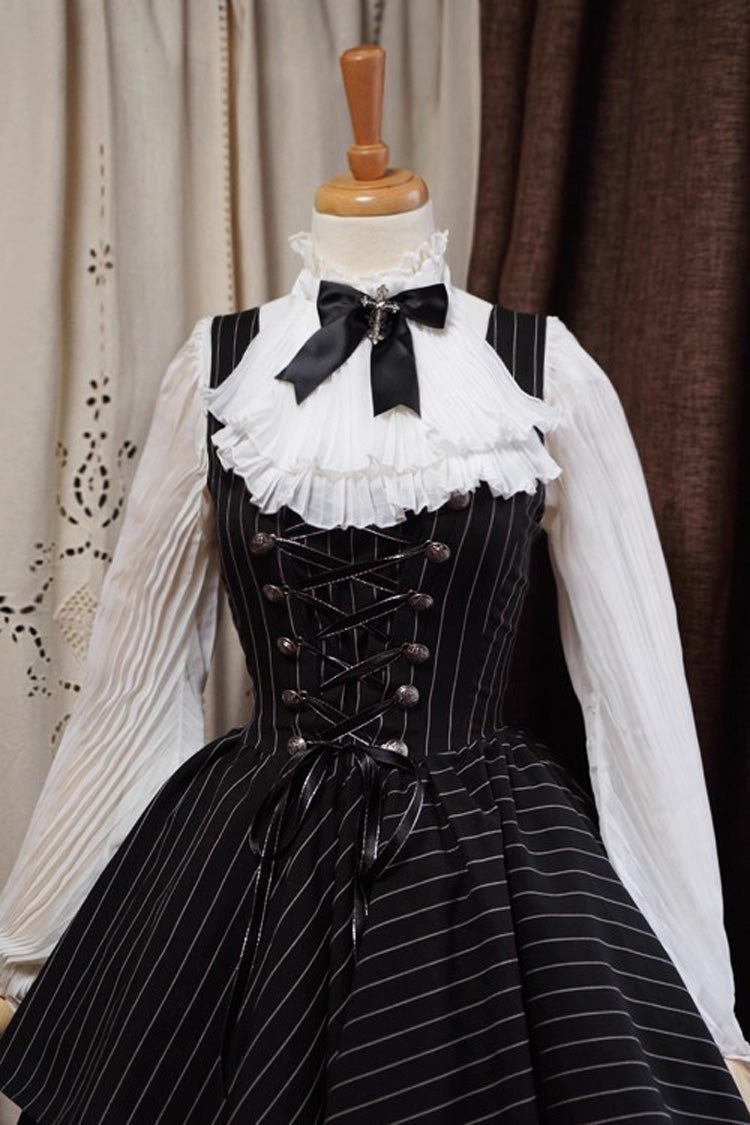Black Sleeveless Striped Print Lace-Up Irregular Hem Gothic Lolita Dress - Product - 5