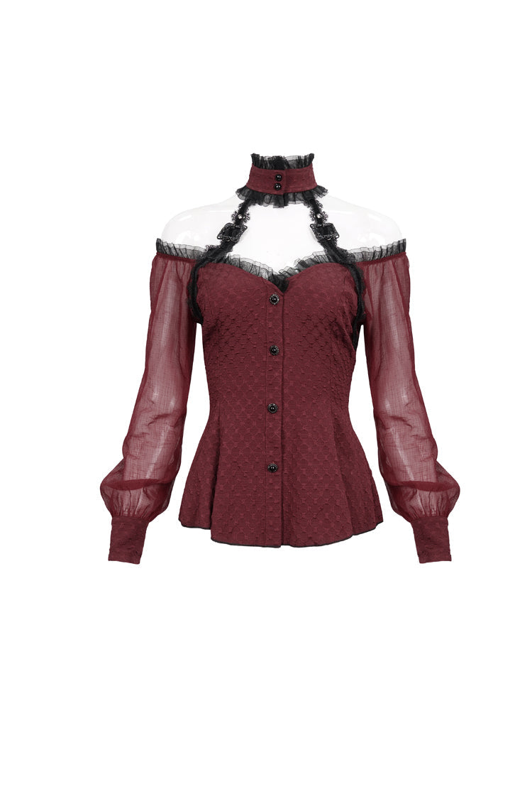 Red Lace Trim Panel Adjustable Back Long Sleeve Women's Gothic Shirt - Product - 6