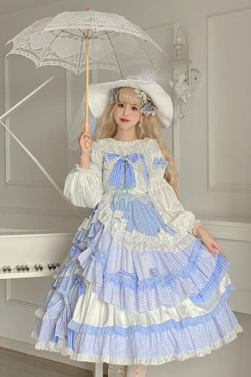 Purple/White Bowknot Multi-Layer Ruffled Sweet Lolita JSK Tiered Dress - Product - 2