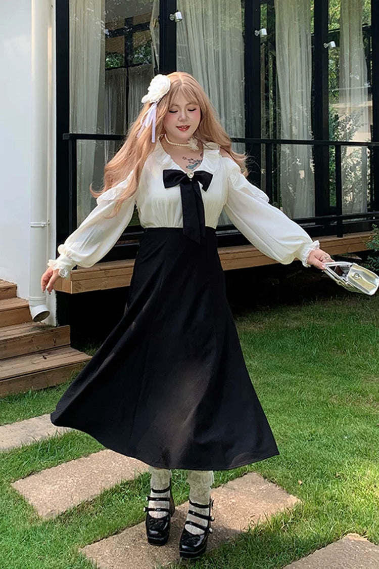 Black/White V Collar Off Shoulder Long Sleeves Ruffled Bow Faux Two-Piece Classic Plus Size Lolita Dress - Product - 3