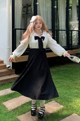 Black/White V Collar Off Shoulder Long Sleeves Ruffled Bow Faux Two-Piece Classic Plus Size Lolita Dress - Product - 3