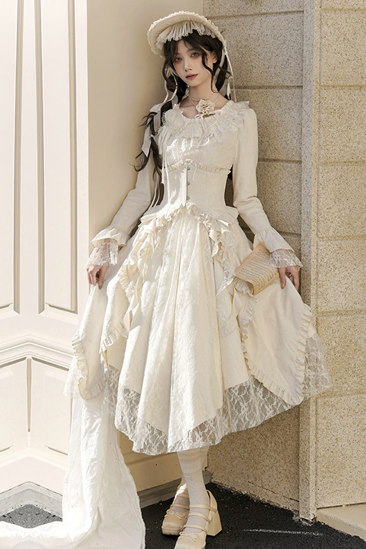 Ivory [White Tea] Long Sleeves Ruffle Bowknot Lace Irregular Classic Princess Lolita Dress - Product - 3