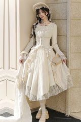 Ivory [White Tea] Long Sleeves Ruffle Bowknot Lace Irregular Classic Princess Lolita Dress - Product - 3