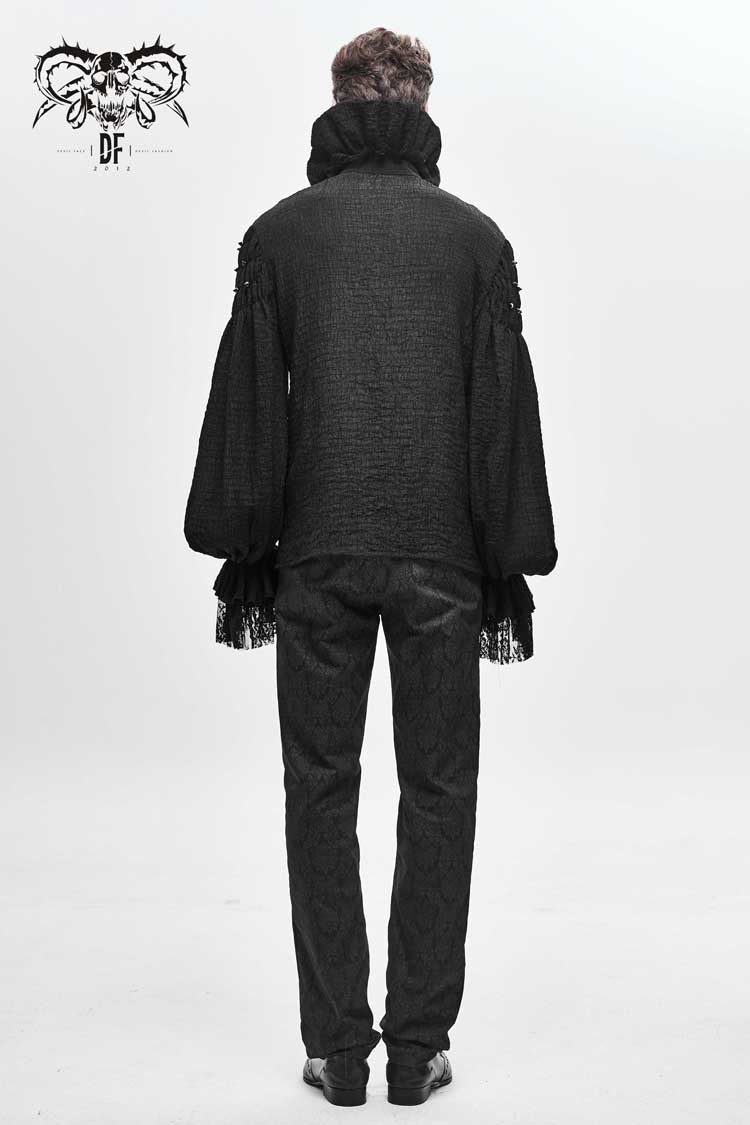 Black High Collar Chiffon Chest Frilly Beading Long Sleeve Lace Cuff Men's Gothic Shirt - Product - 6