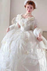 White Tana Manor Rose Flower Long Sleeves Ruffle Bowknot Elegant Sweet Princess Lolita Strapless Dress - Product - 3