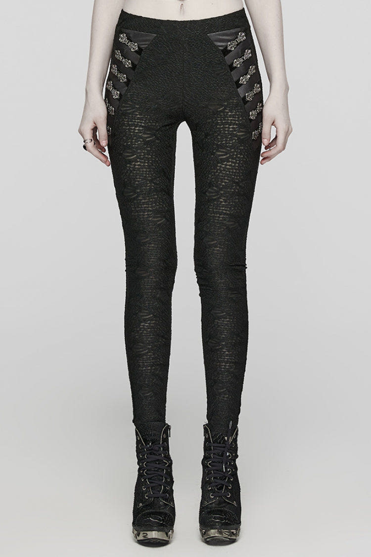Black Print Slim Mesh Button Decoration Women's Gothic Leggings - Black - 1