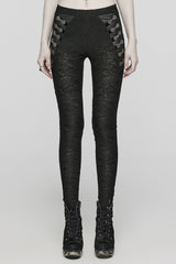 Black Print Slim Mesh Button Decoration Women's Gothic Leggings - Black - 1