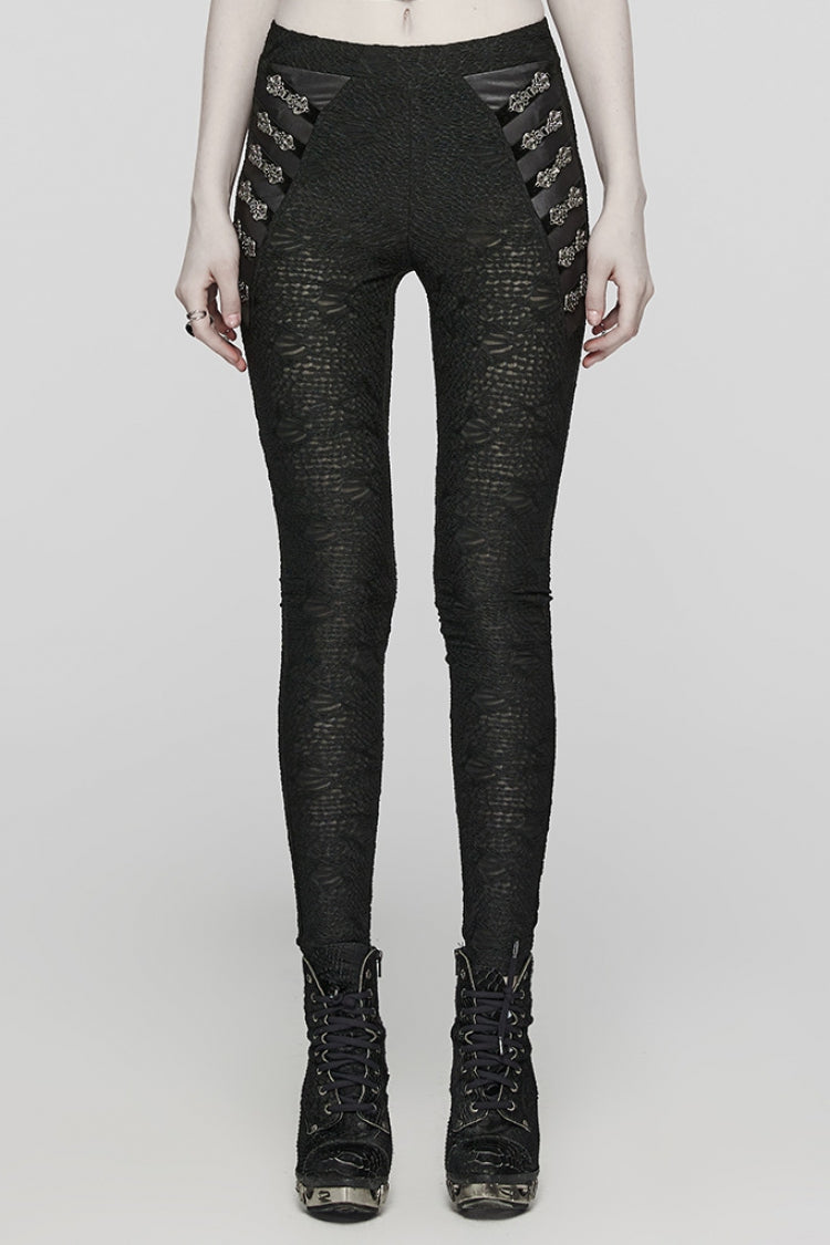 Black Print Slim Mesh Button Decoration Women's Gothic Leggings - Black - 1