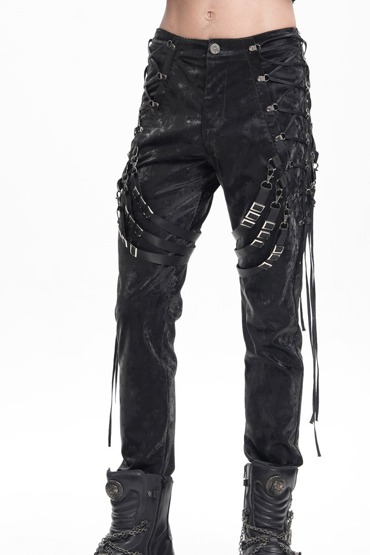 Black Buckle-up Spaghetti Straps Stitching Men's Gothic Pants - Product - 8