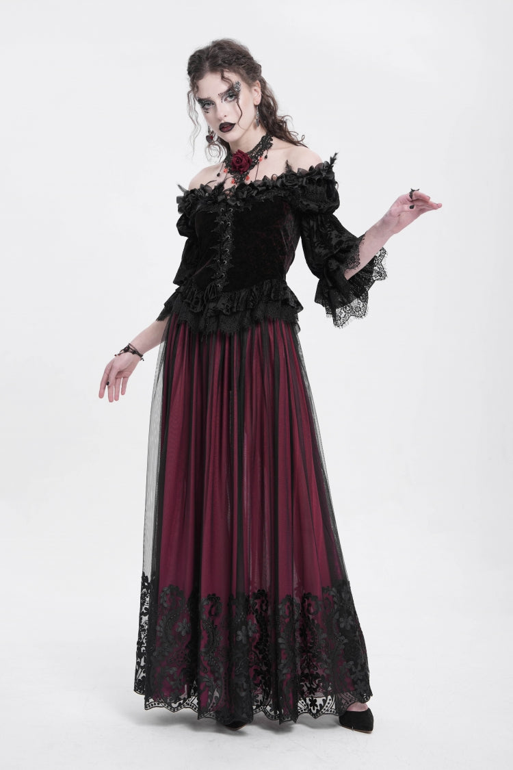 Red Off Shoulder Long Sleeves Ruffle Embroidery Lace-Up Women's Gothic Blouse - Product - 8