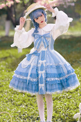 Blue Multi-layer Ruffle Bowknot The Covenant of Summer Isle Sweet Princess Lolita Jsk Dress - Blue - 1