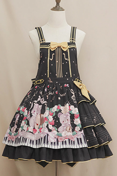 Black Multi-Layer Ruffled Note Bear Print Sweet Lolita JSK Dress - Product - 8