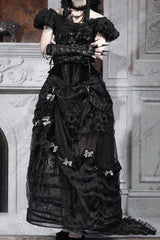 Black [Cupid’s Magic Box] Basel French Ruffle Embroidery Bowknot Lace Gothic Elegant Lolita Long Skirt - Black - 1