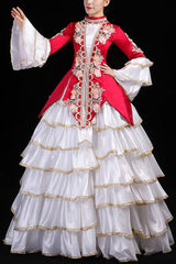 Multi-Layer Hime Sleeves High Waisted Three Dimensional Flower Print Victorian Lolita Prom Tiered Dress - Red - 1