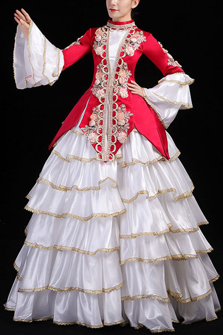 Multi-Layer Hime Sleeves High Waisted Three Dimensional Flower Print Victorian Lolita Prom Tiered Dress - Red - 1