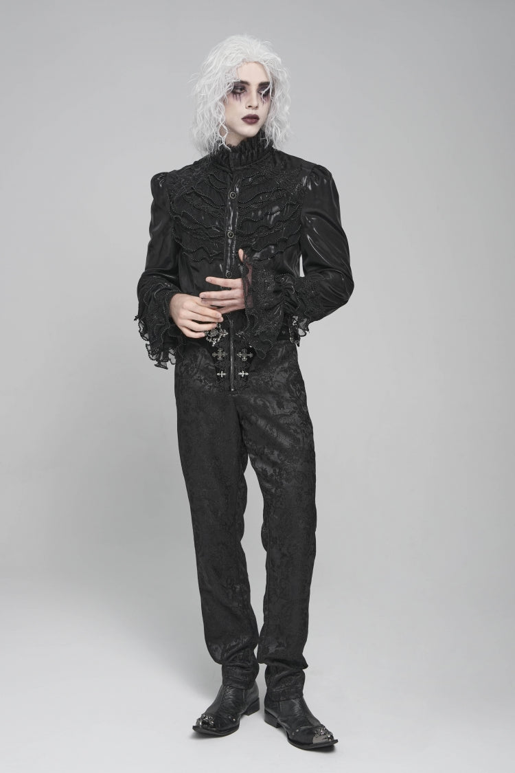 Black Stand Collar Long Puff Sleeves Embroidery Stitching Lace Men's Gothic Blouse - Product - 9