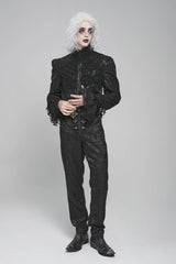 Black Stand Collar Long Puff Sleeves Embroidery Stitching Lace Men's Gothic Blouse - Product - 9