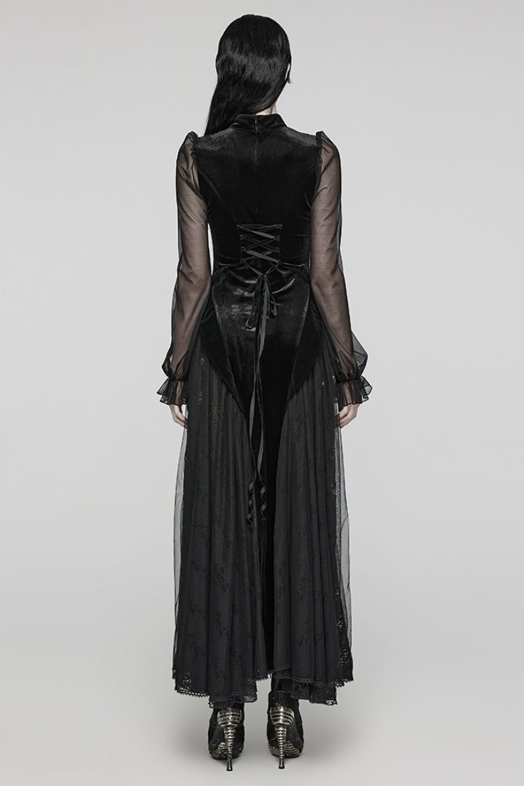 Black Long Sleeves Ruffle Lace Lace-Up Mesh Women's Gothic Dress - Product - 3