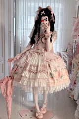 Pink [Berry Sweet Wish] Square Collar Printed Ruffled Open-Front Bow Lace Pearl-Decorated Sweet Lolita Jsk Dress Set - Product - 5