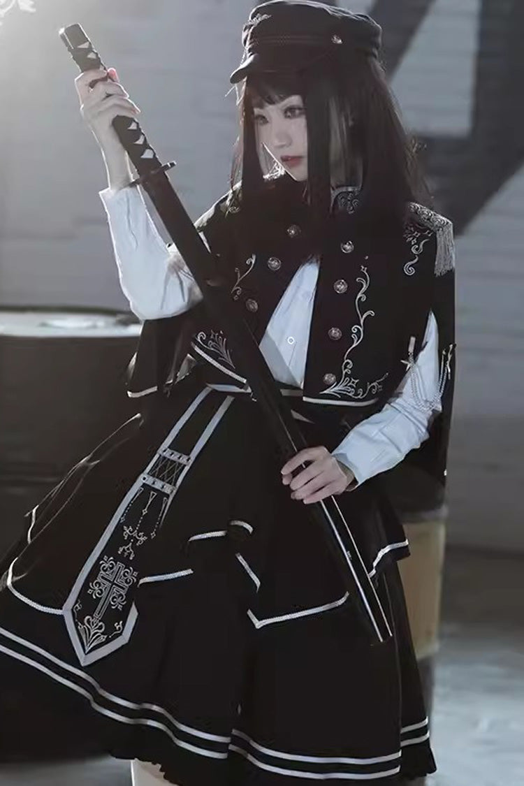 Black Battle of Thorns Print Ruffle Gothic Military Handsome Lolita Skirt - Product - 3