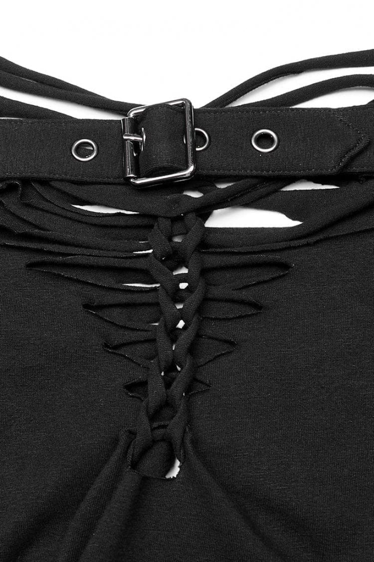 Black Short Sleeves Ripped Womens Steampunk T-Shirt with Adjustable Distressed Shoulders and Chest - Product - 6
