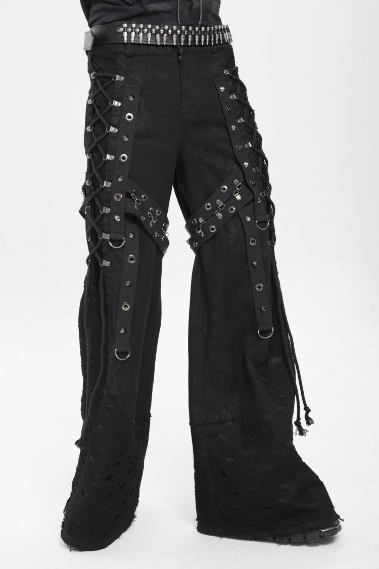 Black Spliced Lace-Up Mesh Ripped Men's Punk Baggy Pants - Black - 1