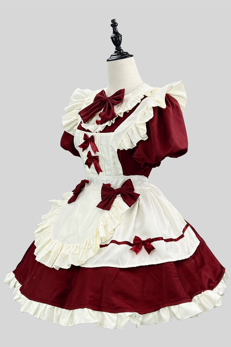 Wine/White Short Sleeves Ruffle Bowknot Lace Plus Size Sweet Maid Short Lolita Dress - Product - 3