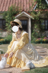 Yellow Long Sleeves Print Ruffle Lace-Up Sweet Elegant Lolita Dress - Product - 5