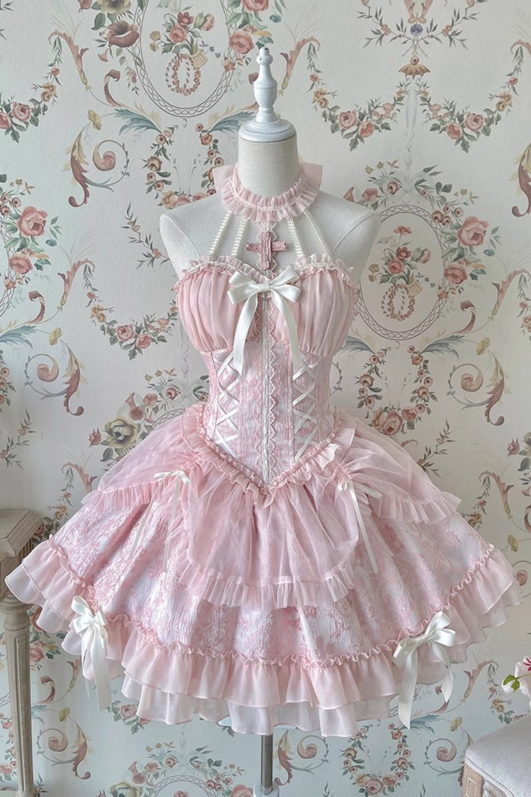 Pink Tube Top Sleeveless Blowknot Ruffled Sweet Lolita Tiered Dress - Pink - 1