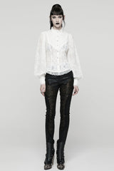 White Stand Collar Long Puff Sleeves Floral Embroidered Women's Gothic Blouse - Product - 4
