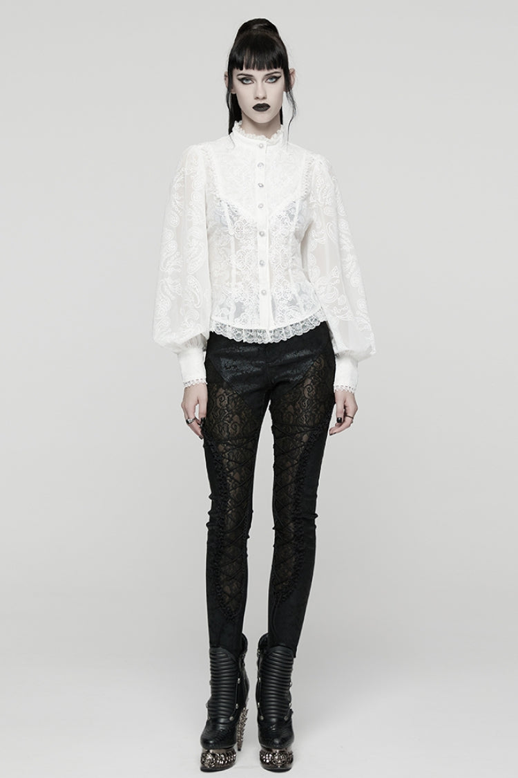 White Stand Collar Long Puff Sleeves Floral Embroidered Women's Gothic Blouse - Product - 4