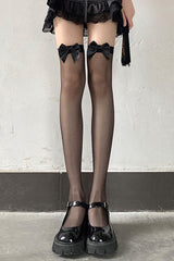 Black Bowknot Fishnet Over The Knee Gothic Socks 2 Colors - Black - 1
