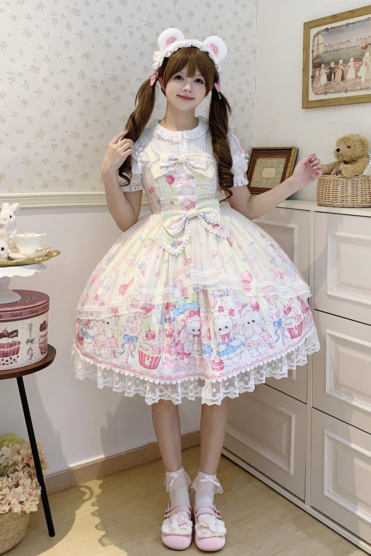 Yellow [Cute Rabbit Sweet Cake] Print Ruffle Bowknot Lace Sweet Lolita Jsk Dress - Product - 3