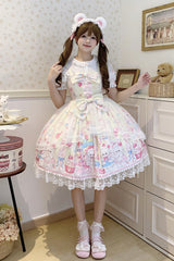 Yellow [Cute Rabbit Sweet Cake] Print Ruffle Bowknot Lace Sweet Lolita Jsk Dress - Product - 3