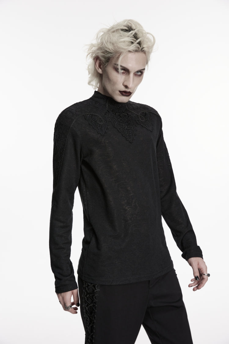 Black High Collar Long Sleeves Jacquard Spliced Slim Men's Gothic Top - Product - 7