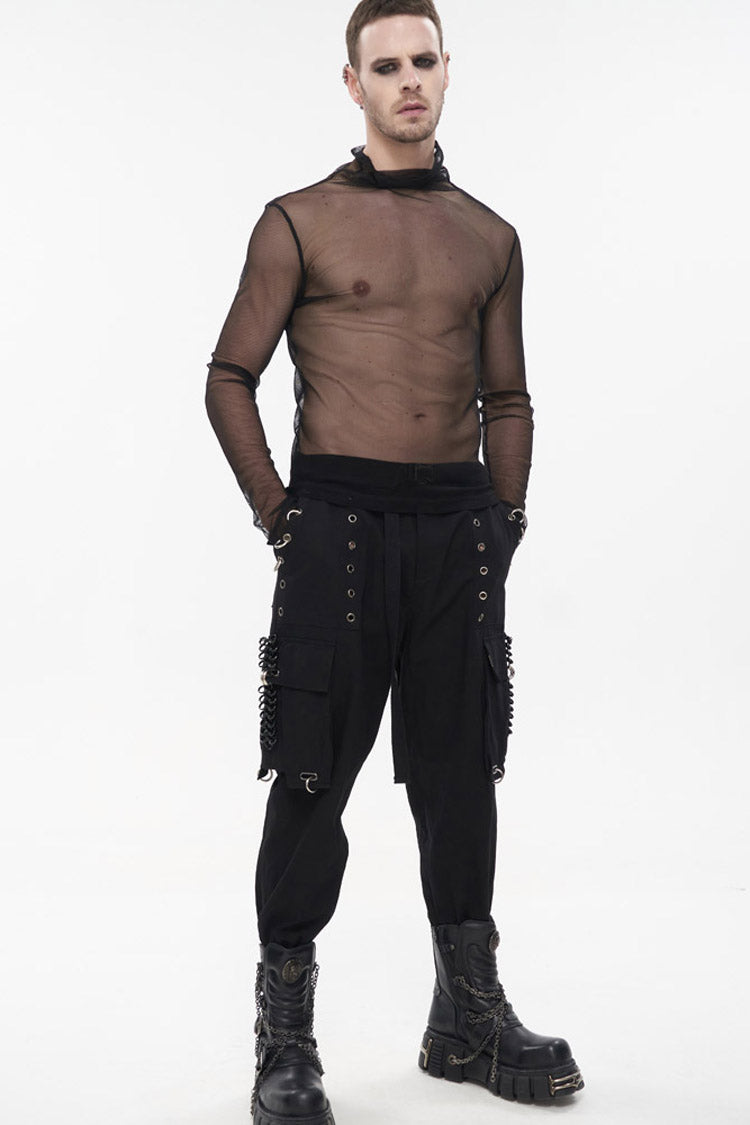 Black Punk Tatting Multi-Pocket Metal Chain Cargo Men's Pants - Product - 7
