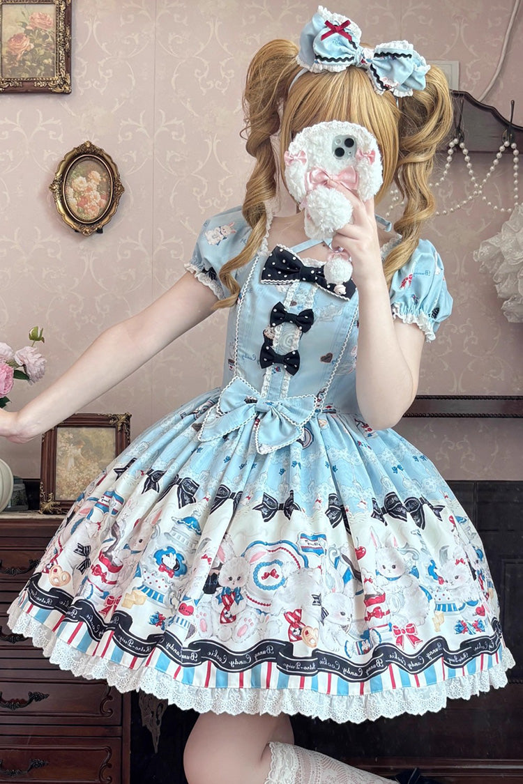 Blue Mystery Rabbit Tea Party, quadratischer Kragen, kurze Ärmel, Druck, Rüschen, Schleife, Spitze, süß (Kleid einzeln), Vorderansicht