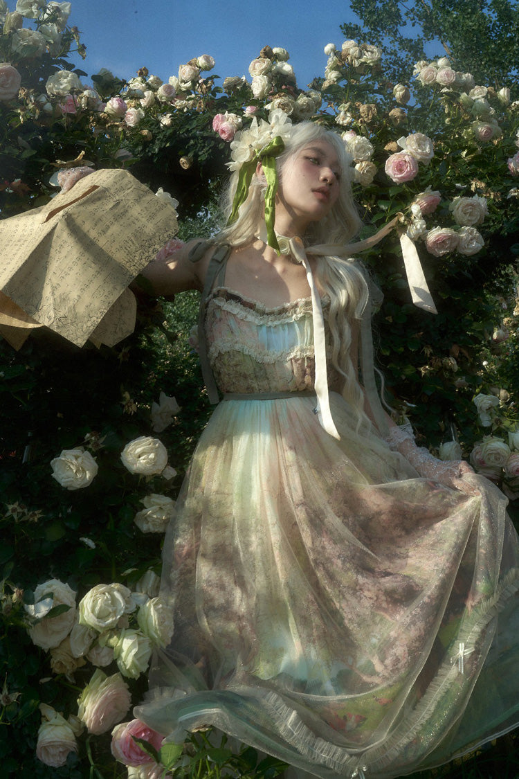 Green [Oil Painting – Spring] Sleeveless Print Ruffle Bowknot Lace Sweet Lolita Jsk Dress - Product - 13