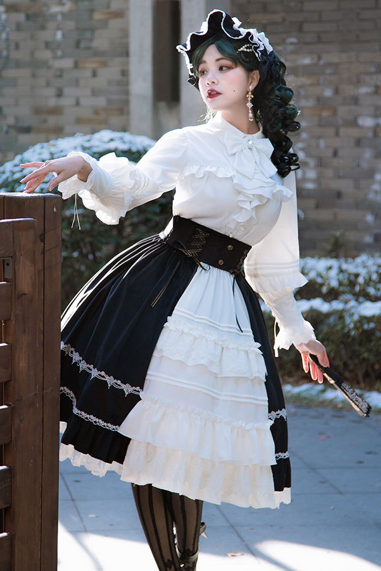Black/Red Stitching Cardigan Ruffled Multi-Layer Gothic Lolita Skirt Dress - White - 9