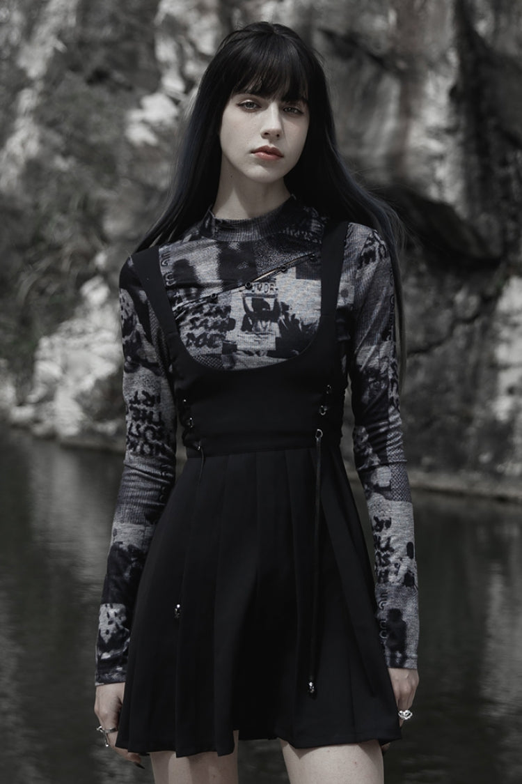 Black High Waisted Women's Pleated Gothic Slip Dress - Black - 1
