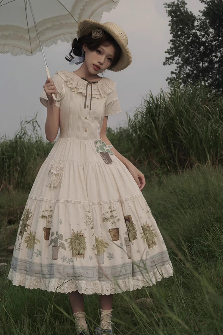 Ivory [Potted Plant] Short Sleeves Print Ruffle Sweet Lolita Dress - Product - 11