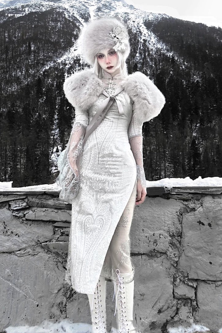 Silver [The Call of the Snow Country] V Collar Long Sleeves High Waisted Ruffle Lace Gothic Lolita Fishtail Dress - Product - 9