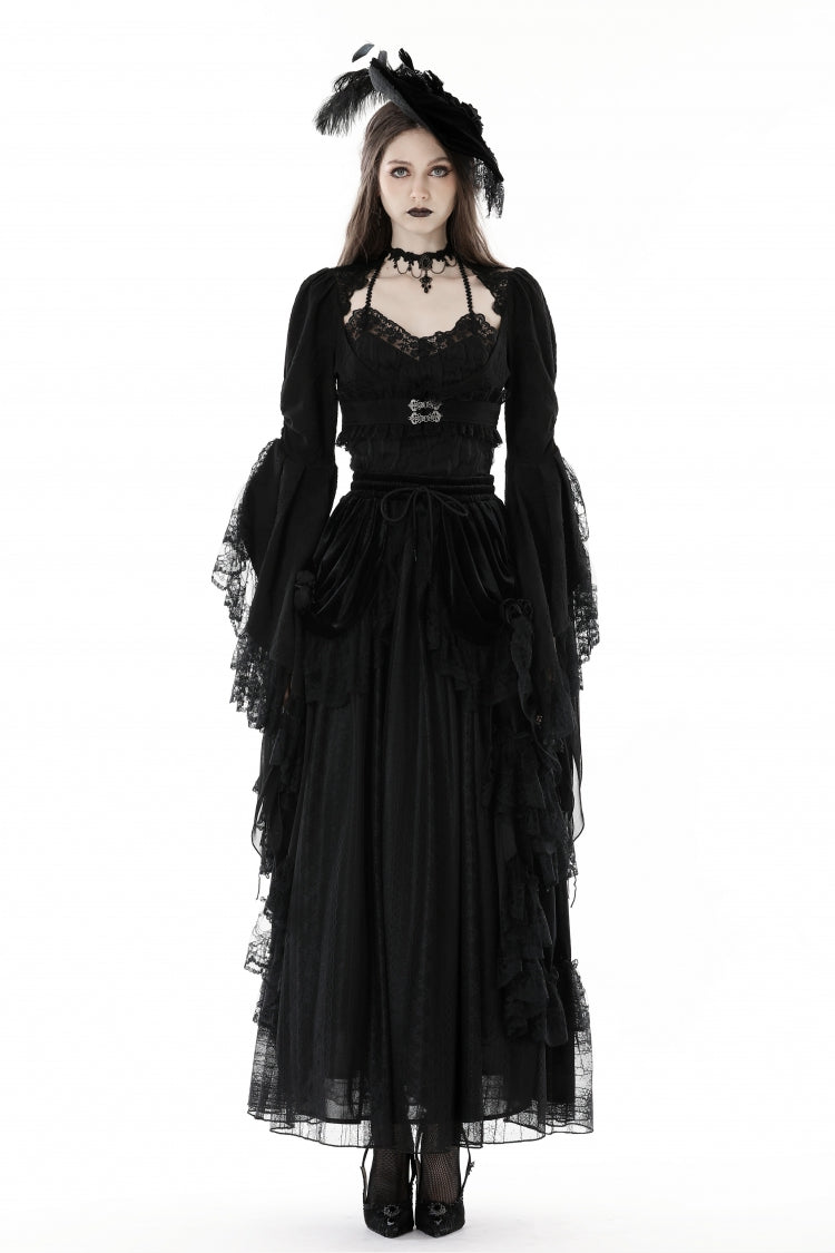 Black Women's Gothic Vintage Long Flared Sleeves Lace Splice Shrug - Black - 1