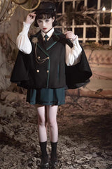 Black/Green Magic Academy Lapel Collar Gothic Vintage College Style Lolita Skirt Full Set - Product - 5