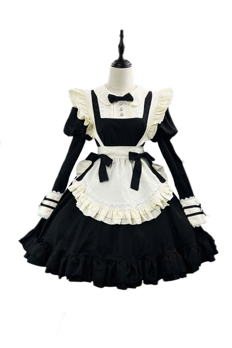 Black/White Maid Long Sleeves Ruffle Bowknot Sweet Plus Size Lolita Dress Full Set - Product - 3