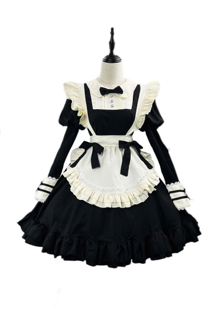 Black/White Maid Long Sleeves Ruffle Bowknot Sweet Plus Size Lolita Dress Full Set - Product - 3